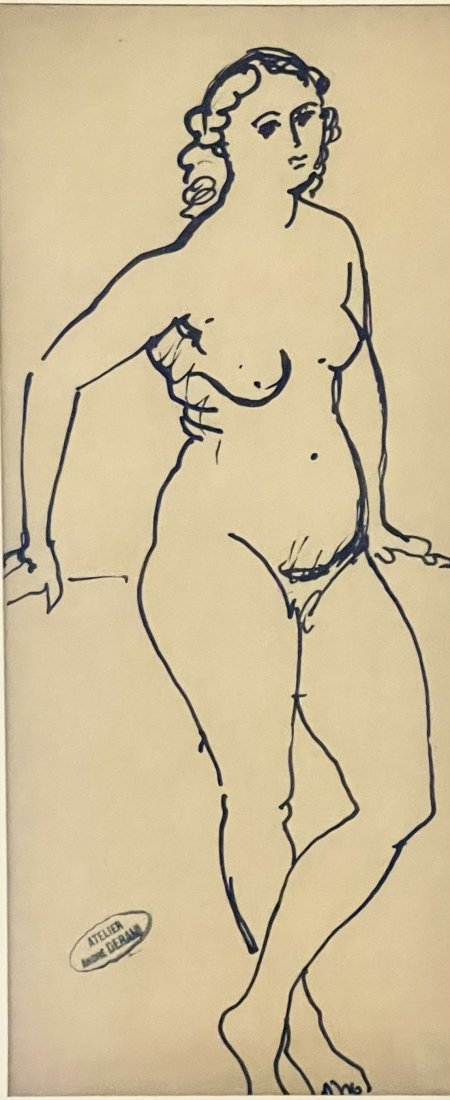 Andre DeRain (1880-1954) Femme Nue DeboutWoman with Her Arms Out and a Bent Knee: F. 16”x 10 1/2”. S.6 3/4 x101/2. Standing nude, pencil on paper. Artist signed and stamped. Exposition Galerie Schmit, Paris.