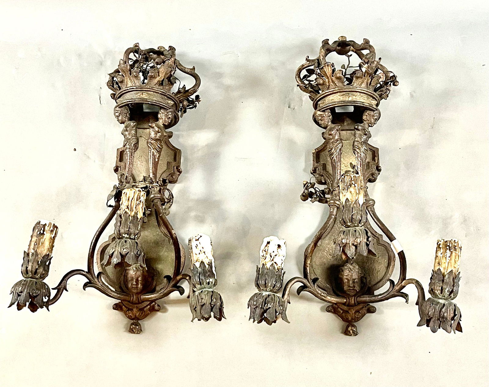 18th Century Italian Baroque Bronze Three Armed Sconces with Floral Decoration (1 of 3)
