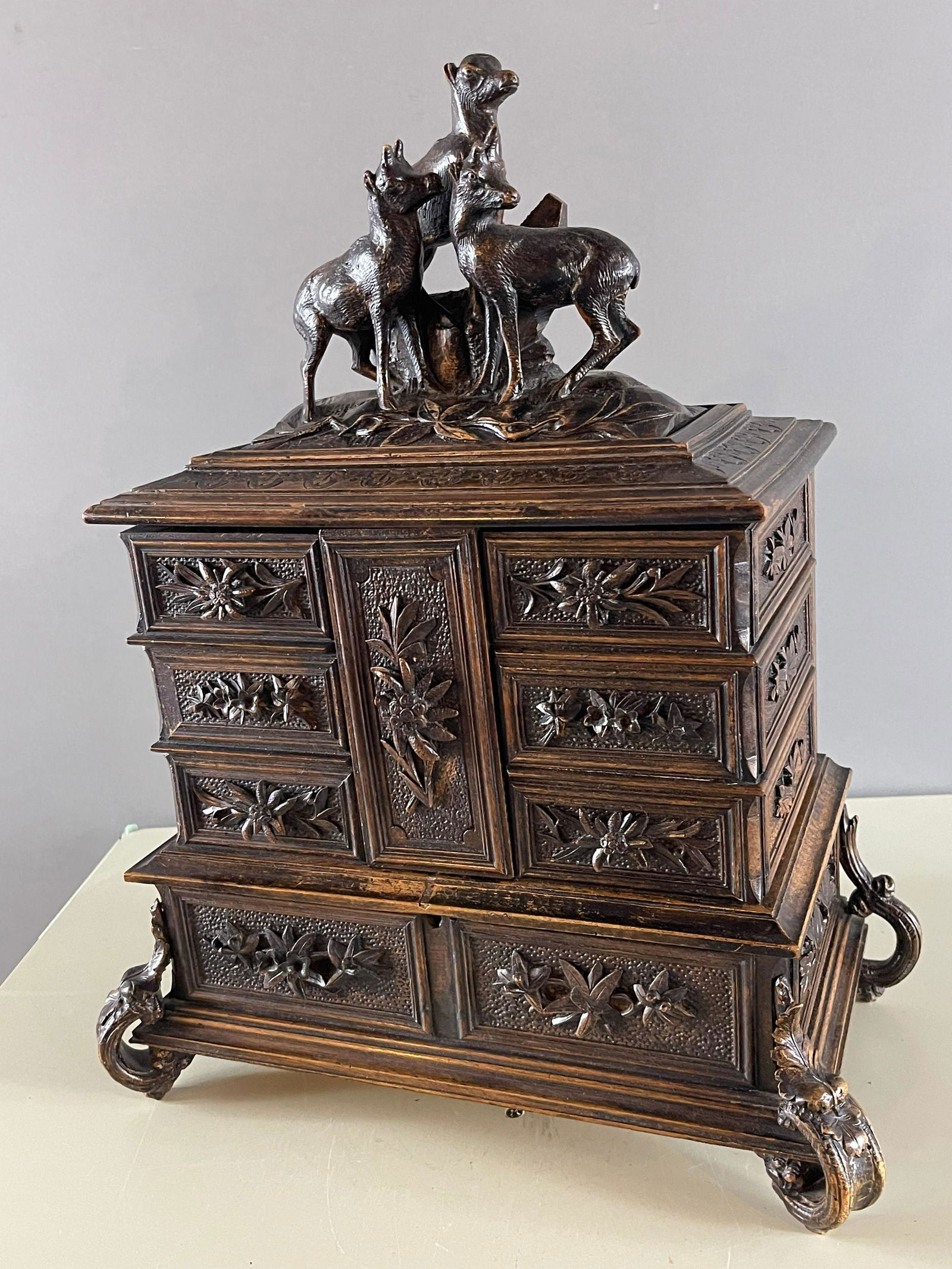 19th Century Large Black Forest Ornately Carved Jewelry Box with Silk Interior (1 of 3)