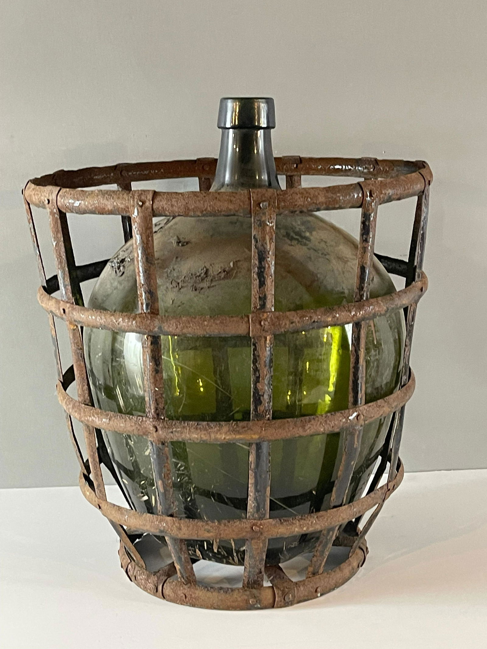 20th Century French Vitner Iron Basket with Demijohn Bottle (1 of 1)