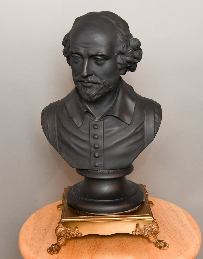 Wedgwood Black Basalt Bust of Shakespeare: Late 19th century 15"x 7"Square baseset atop a waisted circular socle. Impressed mark
