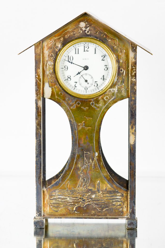 Arts and Crafts Style English Clock Silver on Brass (1 of 6)