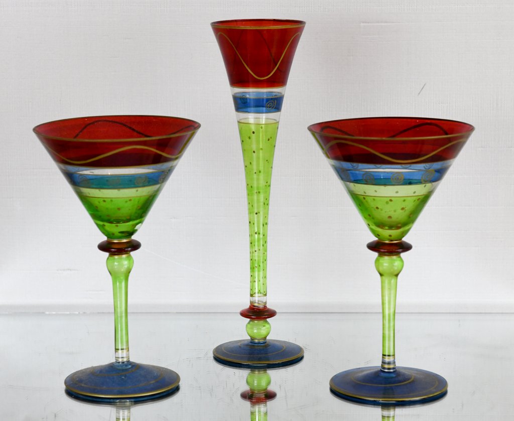 Vintage Festive Art Glass Martini Glasses and Vase: Martini 8”H. Vase 10.5”H