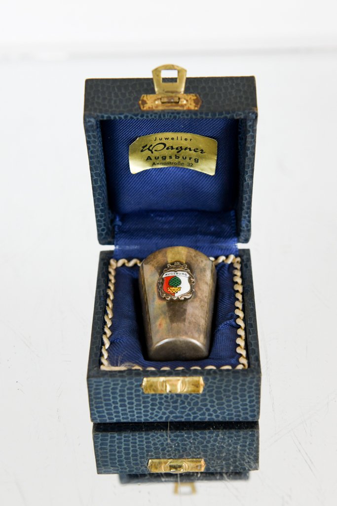 Austrian Souvenir Shot Glass with Enameled Plaque: Marked 800