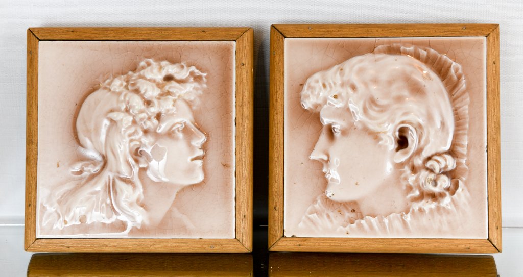 Pair of Hamilton Portrait Tiles: Wood frames 7” square signed on the back