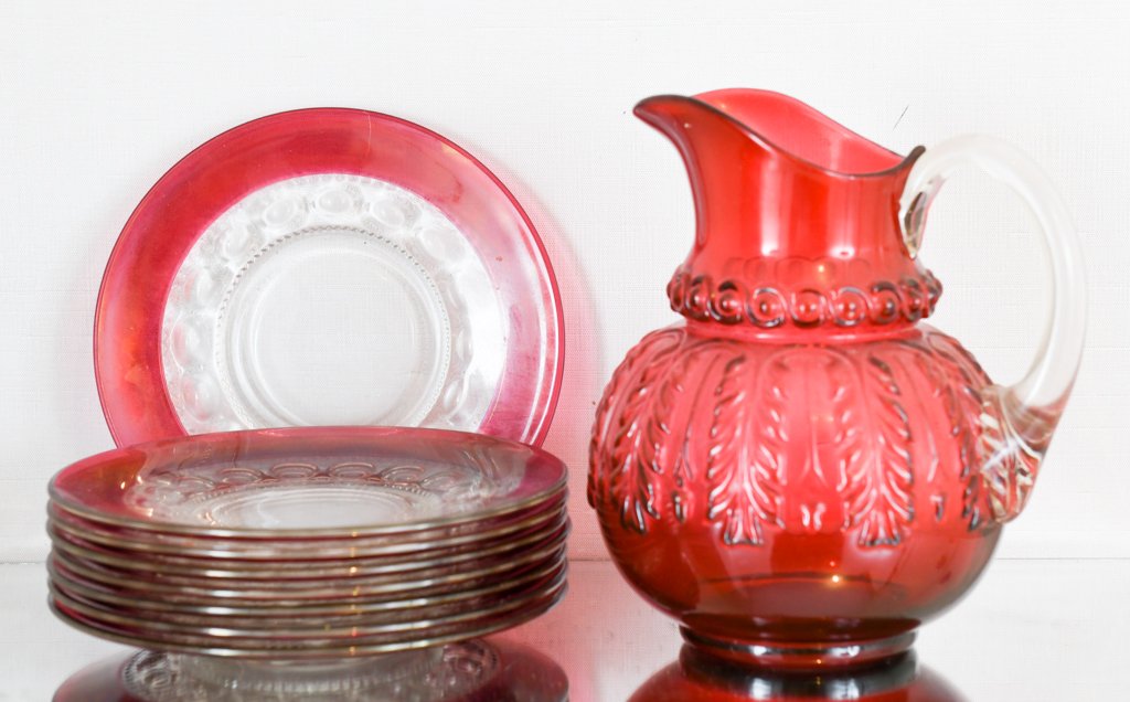 Ruby Flash Cranberry Glass Pitcher and Beaded Plates (1 of 3)