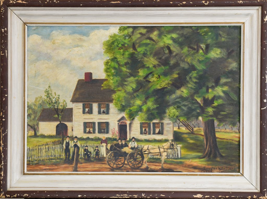 Douglas Demers 20th Century Oil on Canvas Amish Family: ca.1936 Artist signed and dated lower right. Oil on canvas. Frame 31.5x23.5” Sight 25.5”17.5”