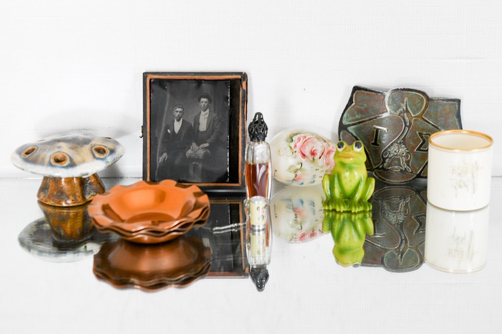 Lot of Collectibles Including Antique Perfume Bottle and Tin Type: 1920s copper pin, perfume bottle, italian frog signed , lenox cup, flower frog and copper trinkets. 2”-4”