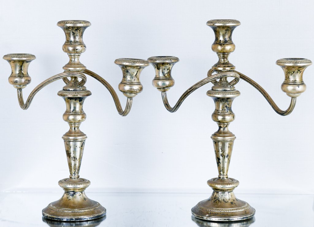 Excellent Quality Fisher Sterling Weighted Candelabras: Signed Fisher on the bottom 12.25”H 12”W