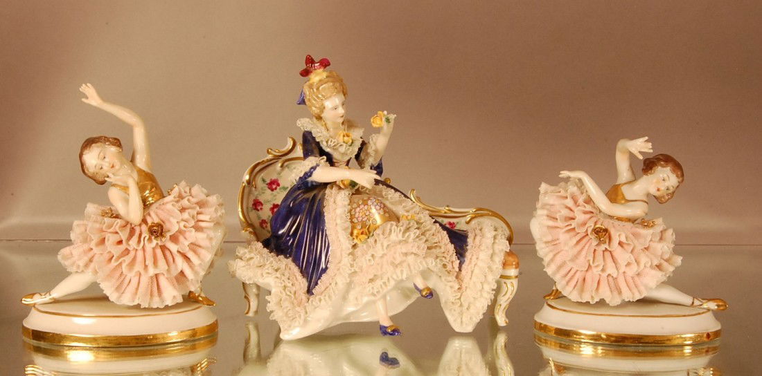3 Capodimonte Style Pieces: Lady on Recamier. 6" t x 6" w; 2 Ballerina Dances 5" t x 4" w some Losses Ca. 1900