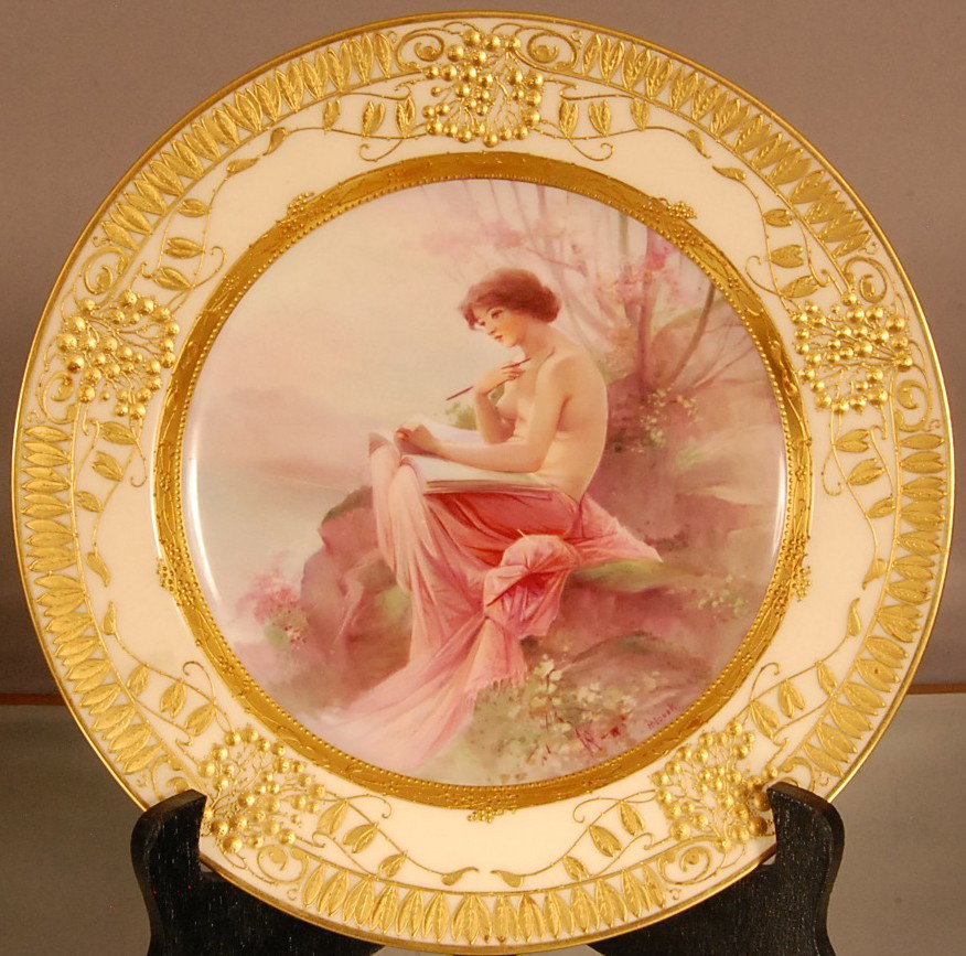 Minton Decorated Plate: "Science" Hand Painted Raised Gilted trim. Grape & Leaves. Artist Signed H.Vosek 10 1/2" d Ca. 1895