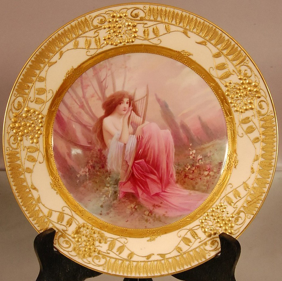 Minton Decorated Plate: "Music" Raised Gilted Trim. Grape & Leaves. Artist signed H. Vosek 10 1/4" d Ca. 1895