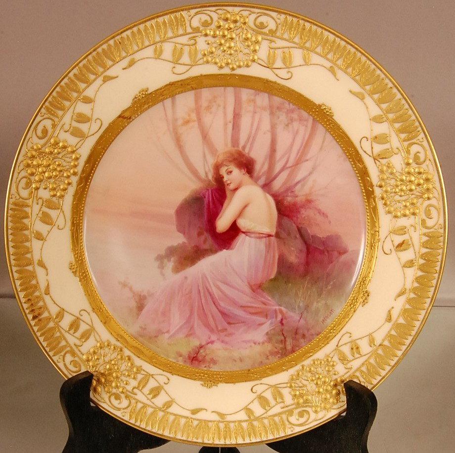 Minton Decorated Plate: "Rest" Raised Gilted Trim. Grape & Leaves. Artist signed H. Vosek 10 1/4" d Ca. 1895