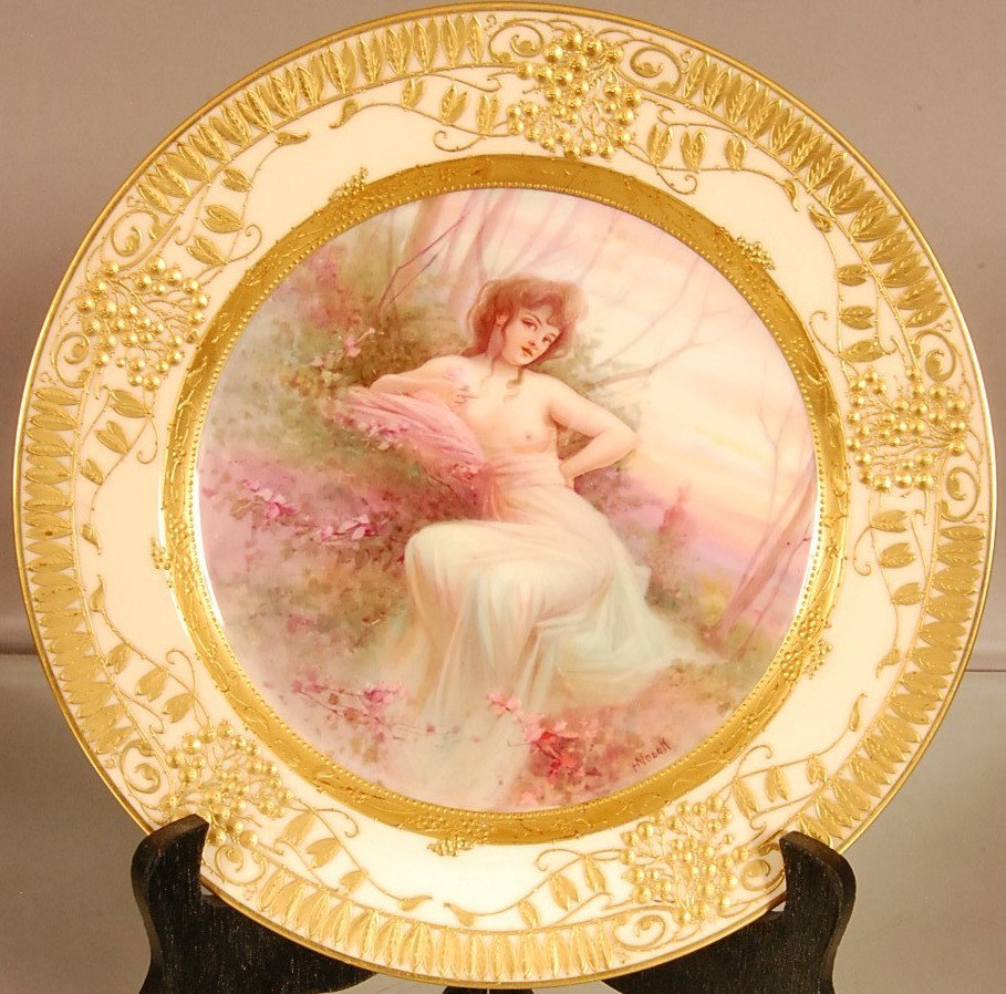 Minton Decorated Plate: "Exploration" Raised Gilted Trim Grape & Leaves Artist Signed H. Vosek 10 1/2" d Ca. 1895