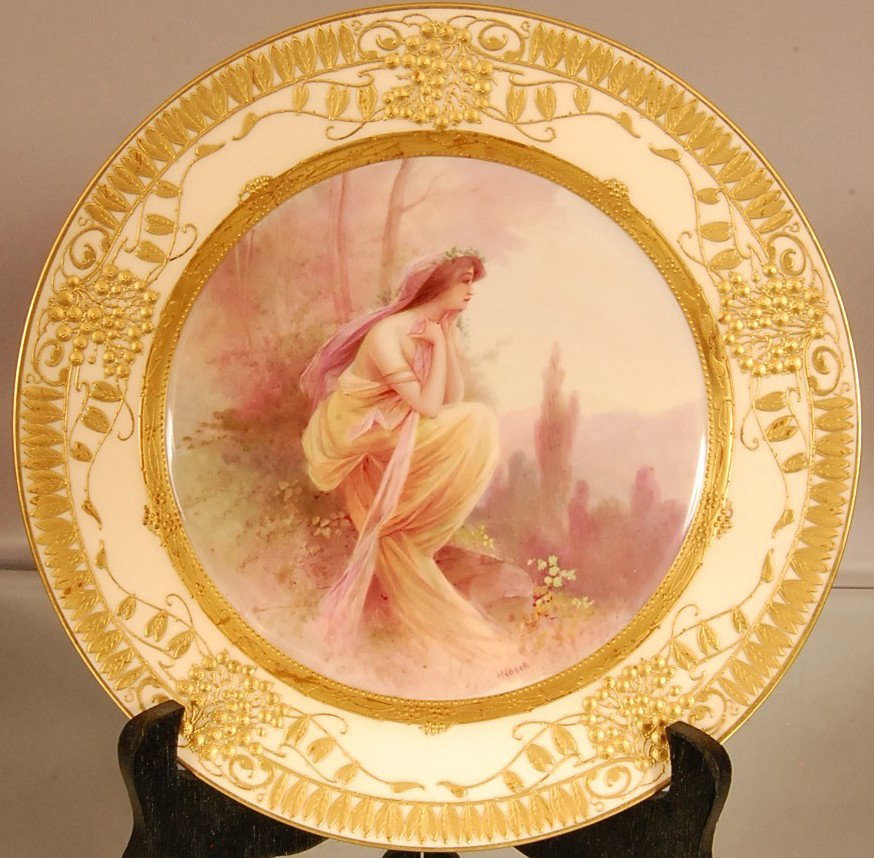 Minton Decorated Plate: "Reverie" Raised Gilted Trim Grape & Leaves Artist Signed H. Vosek 10 1/2" d Ca. 1895