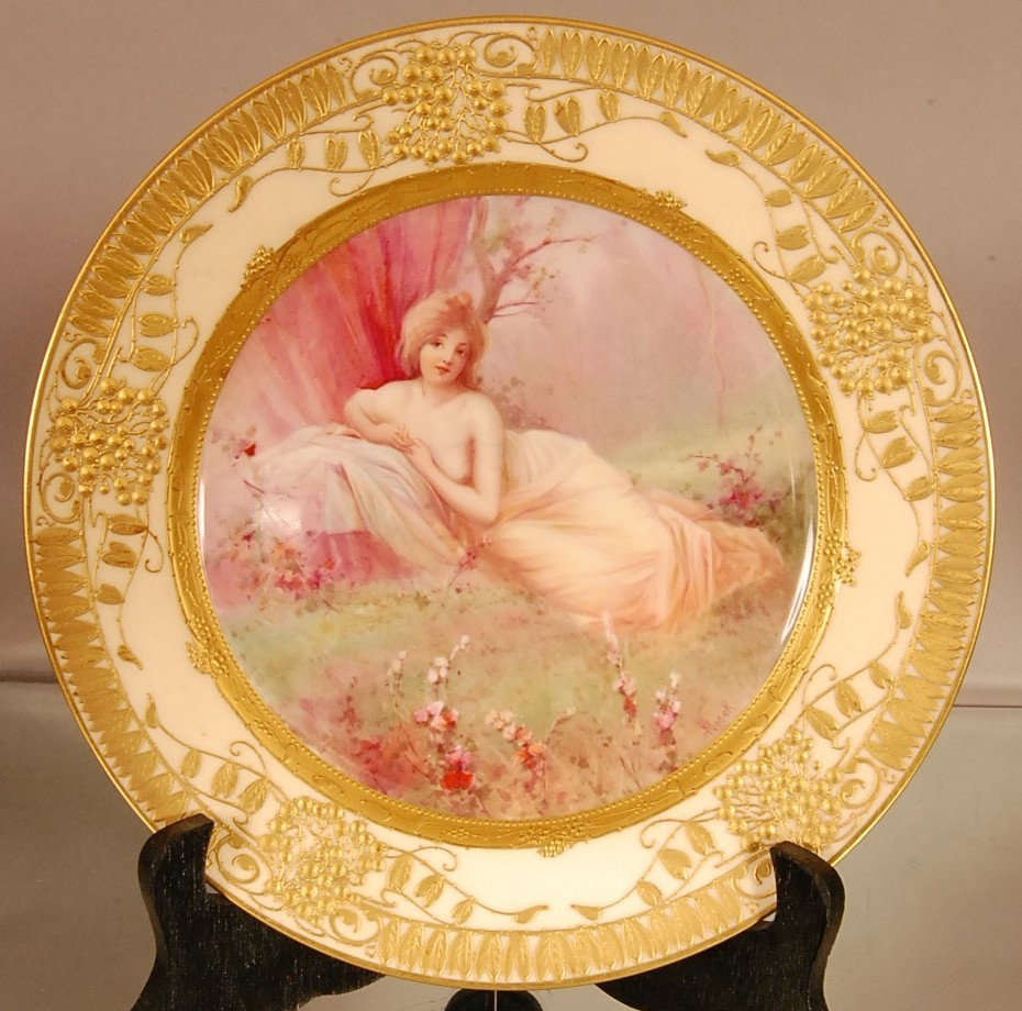Minton Decorated Plate: "Awakening" Raised Gilted Trim Grape & Leaves Artist Signed H. Vosek 10 1/4" d Ca. 1895