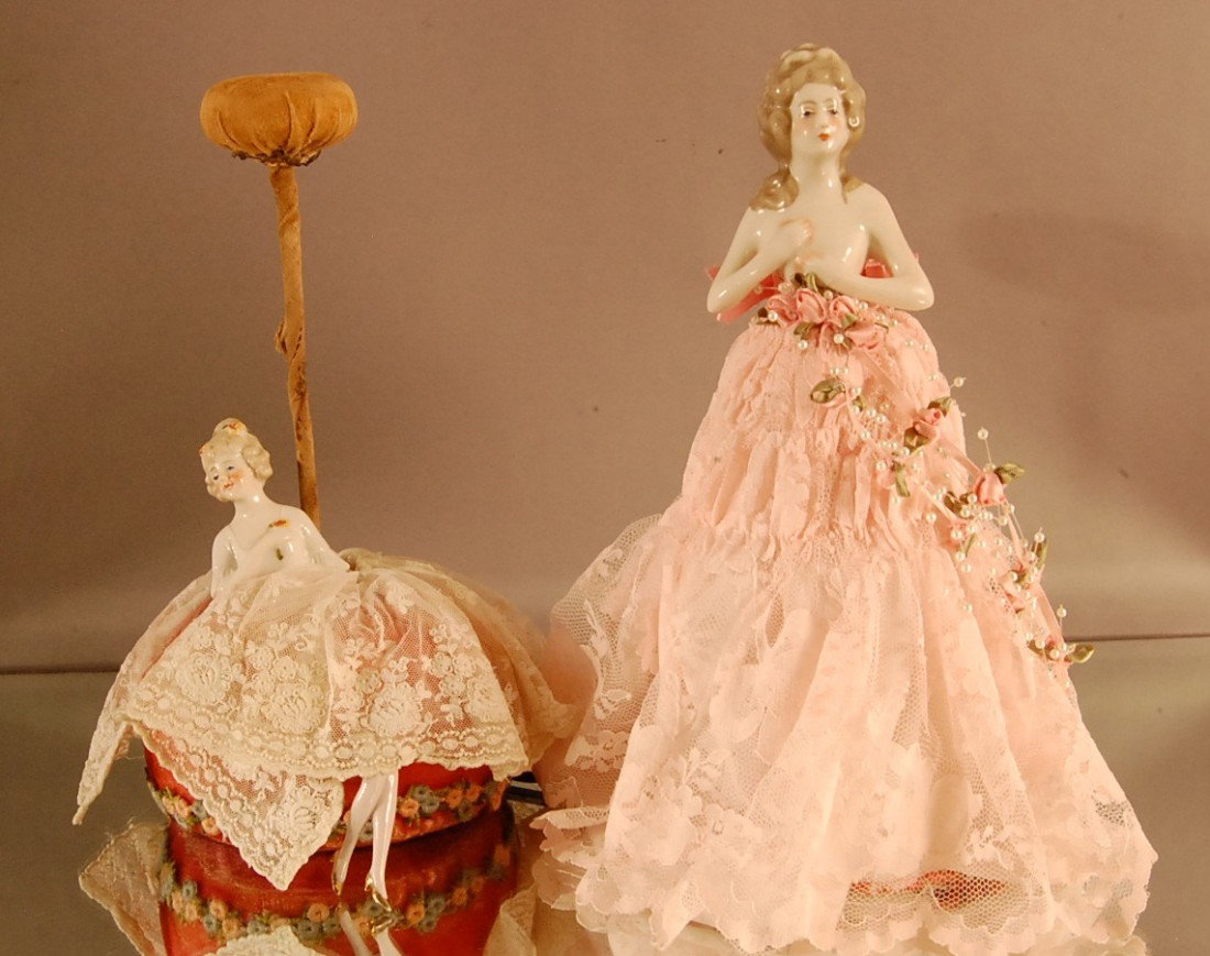 China Half Dolls: Lamp 11" t; Pin Cushion 11" t. Ca. 1920