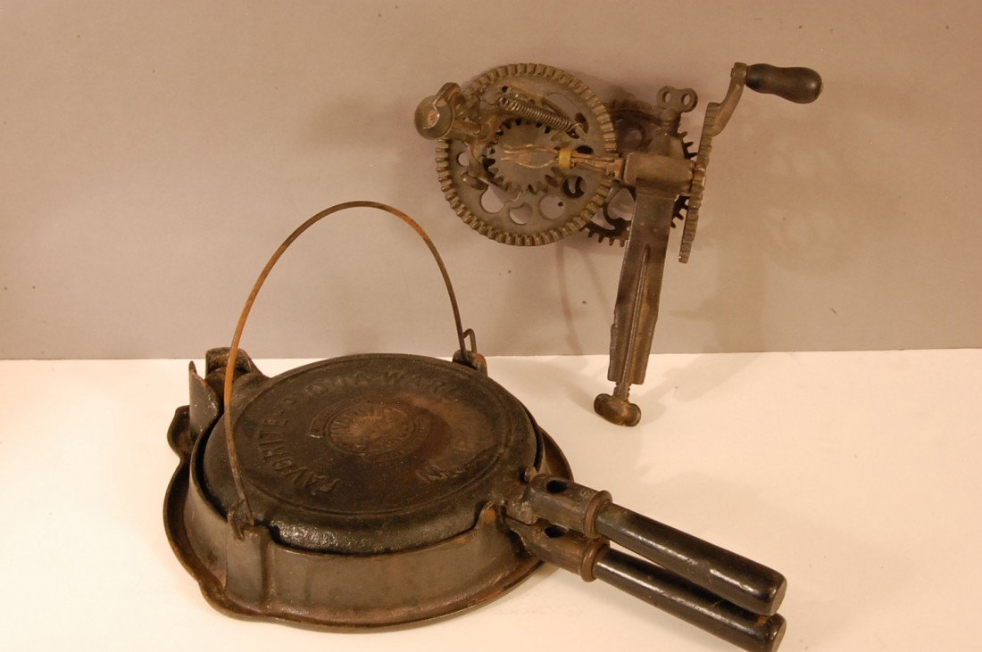 Cast Iron Waffle Maker: & Apple Peeler Ca. 1900