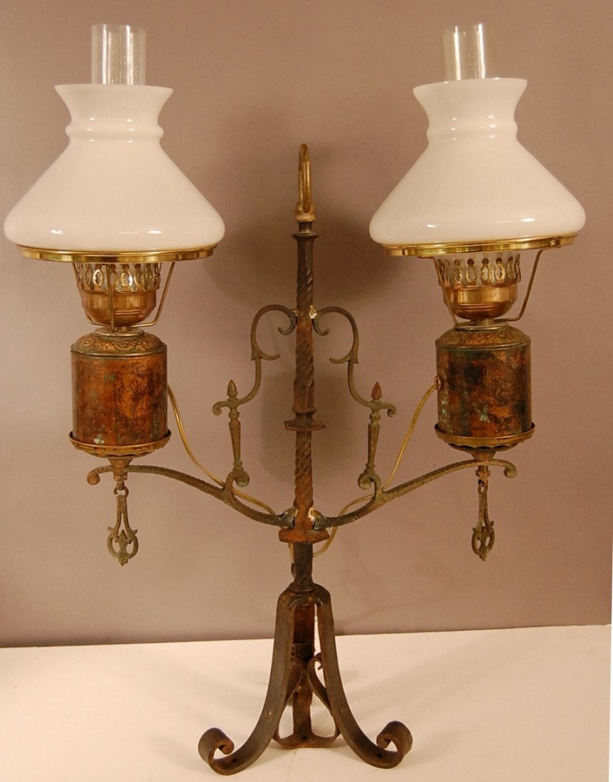 Iron & Brass Double Student Lamp: 29" t x 20" w Electric. Ca. 1920