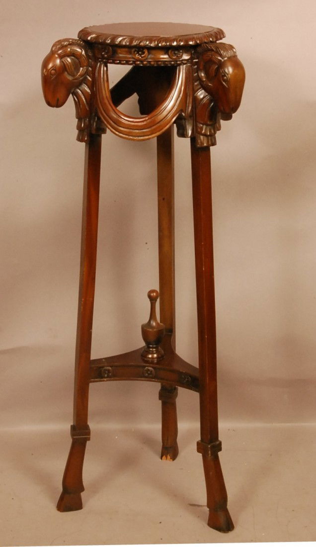 Victorian Style Mahogany Rams Head Plant Stand: 15" d x 41" t