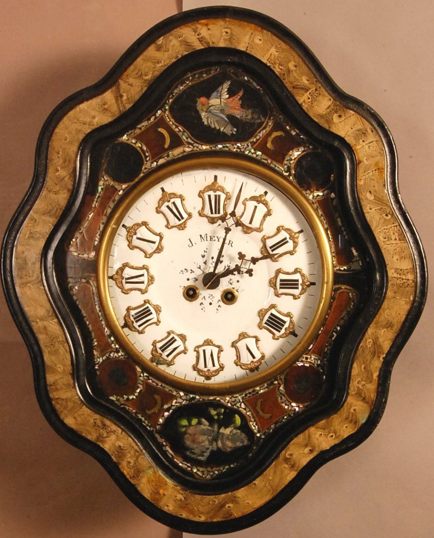 French Picture Frame Wall Clock: Mother of Pearl inlaid surrounding porcelain dial, time & strike with Roman numerals. Signed J. Meyer. 16" w x 20" t Ca. 1880