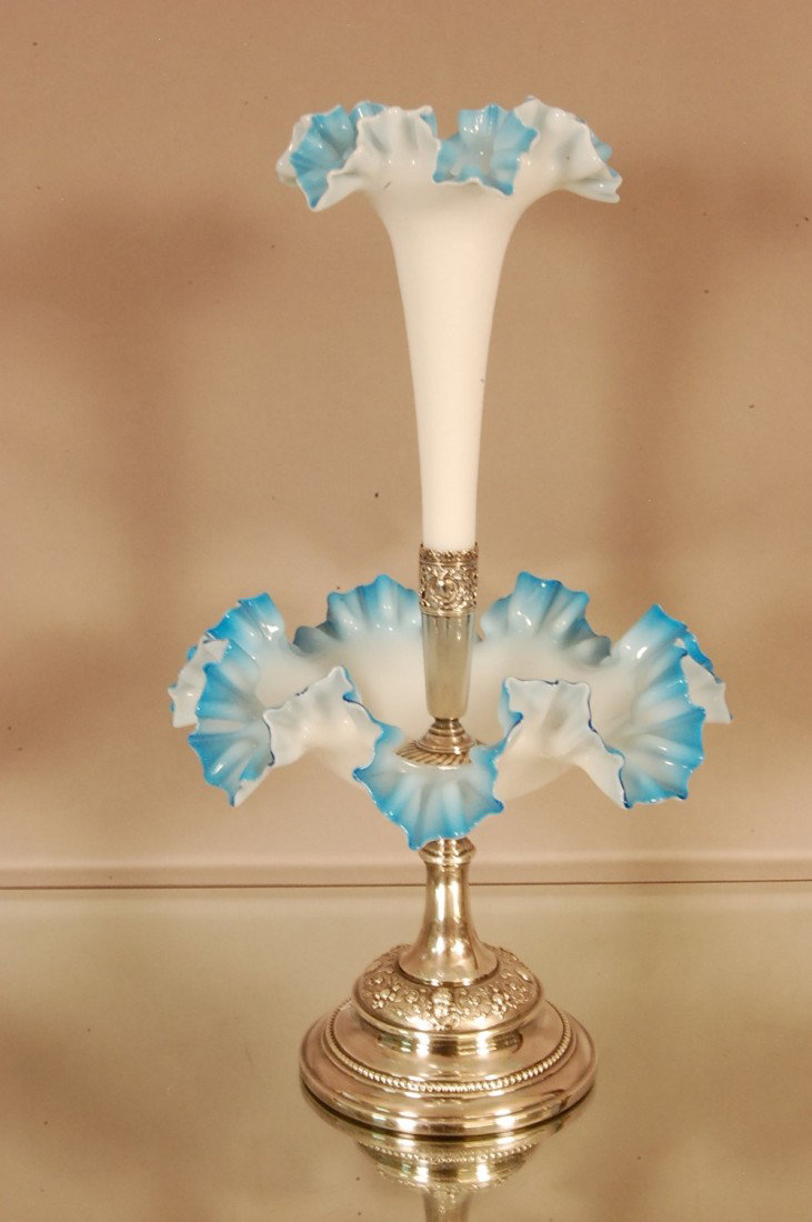 Victorian Epergne: Blue Opalescent art glass with ruffled edge center dish, & trumpet vase on top. Silver Plateau Base & mounts. 18" t x 10" w Ca. 1890