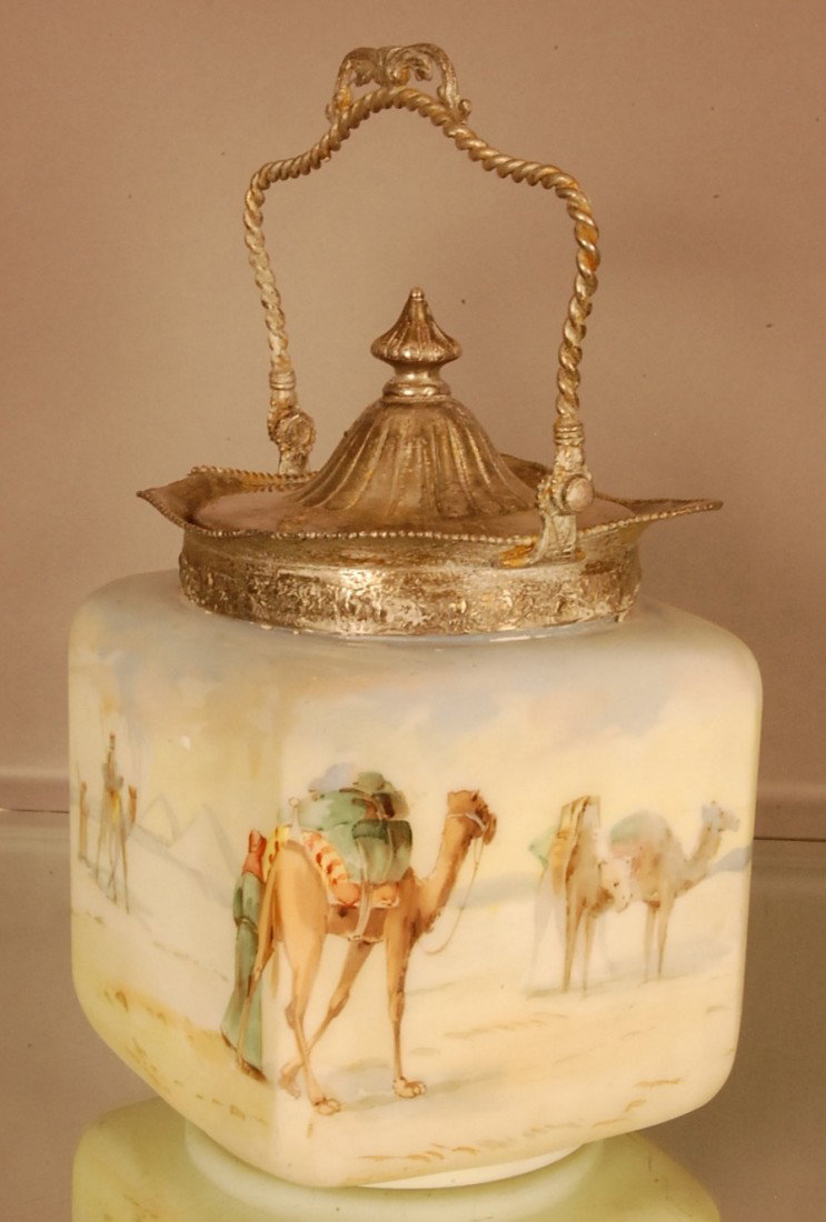 Satin Glass Biscuit Jar: Scenic Egyptian Desert Scenes on 4 Sides of jar depicting Merchants & Camels with the Pyramids in Background. 10" t x 5" w Ca. 1880
