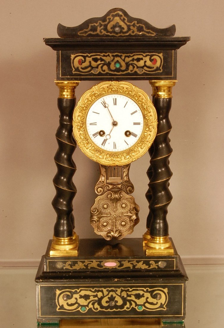 Early French Empire Vincenti Shelf Clock: 4 Twist columns with bronze mounts, inlaid brass & enamel in crest & base, Fine embossed bezel with porcelain dial, time & strike. Works siged Medalle D'Argent Vincenti E Cie. Dammon & Goodeau Parris.