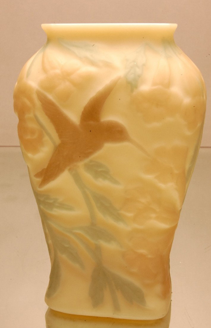 Phoenix Art Glass Vase: Hummingbirds on both sides 6" t Ca. 1920