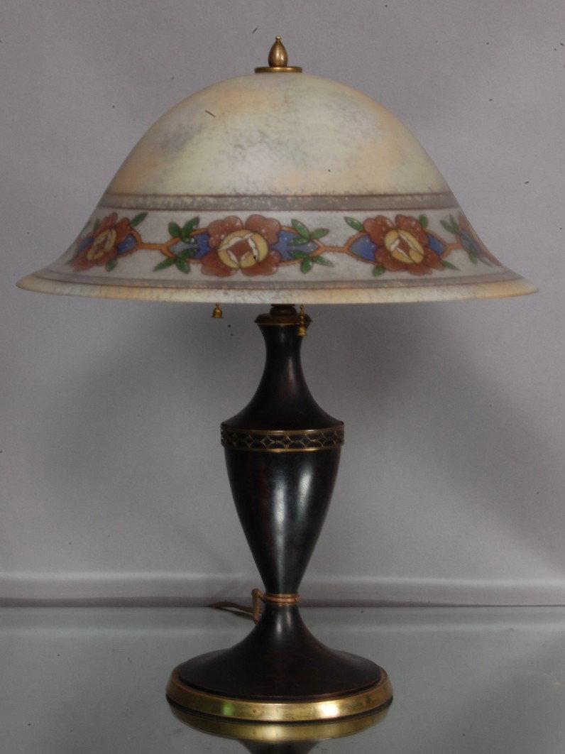 Pairpoint Parlor Lamp: Floral Decorated Reverse painted shade. Signed shade & base. 16" d x 21" t. CA. 1920