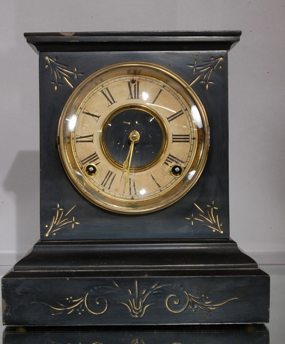 Ansonia Victorian style cast iron mantel clock: Time & strike 11" t x 10" w Ca. 1890