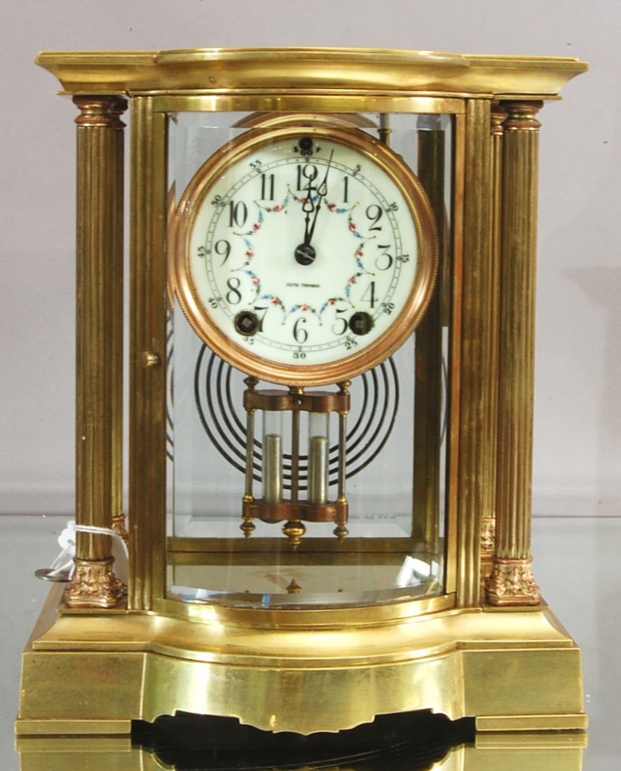 Seth Thomas Crystal Regulator Clock: Bow front beveled glass door, 4 fluted columns, decorated porcelain dial, time & strike. 9 1/2" w x 11" t Ca. 1890