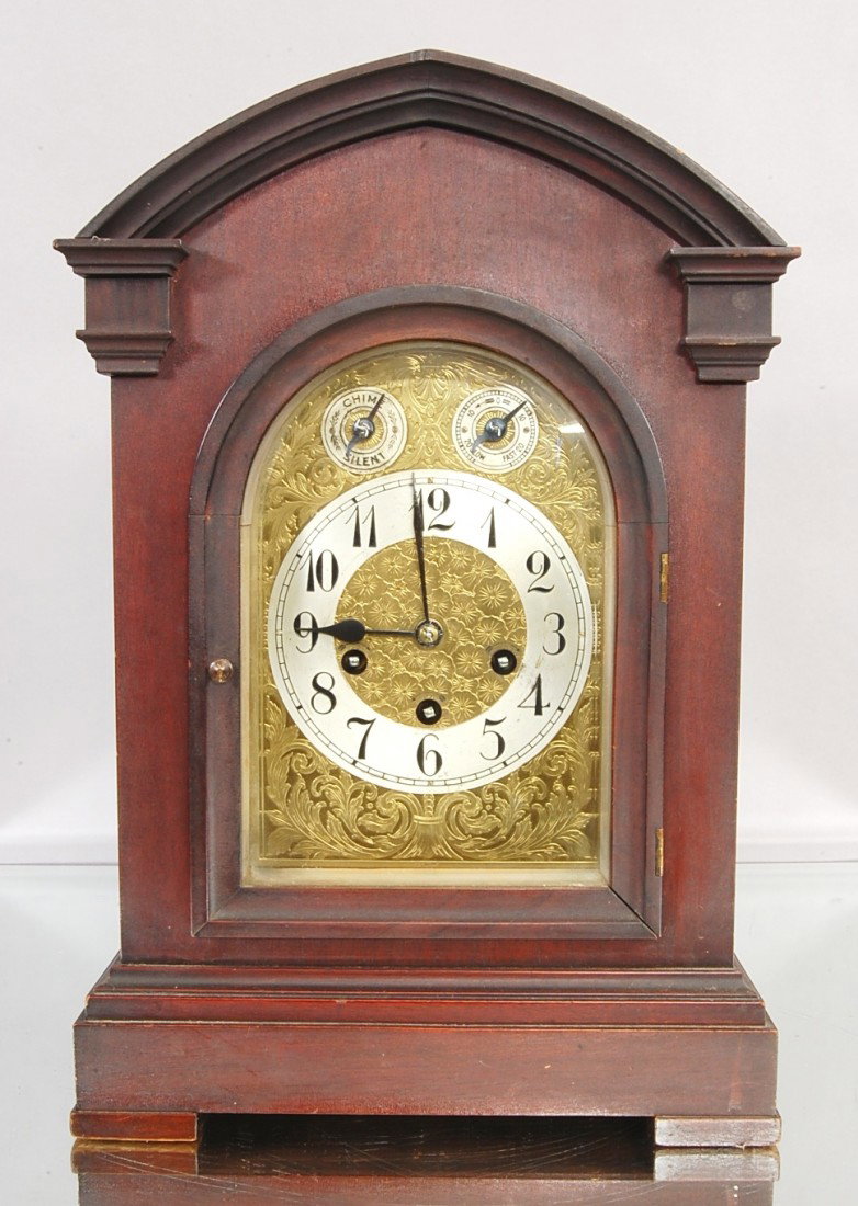 Junghans Bracket Clock: Mahogany case. Westminster Chimes. 11" w x 17" t Germany Ca. 1905