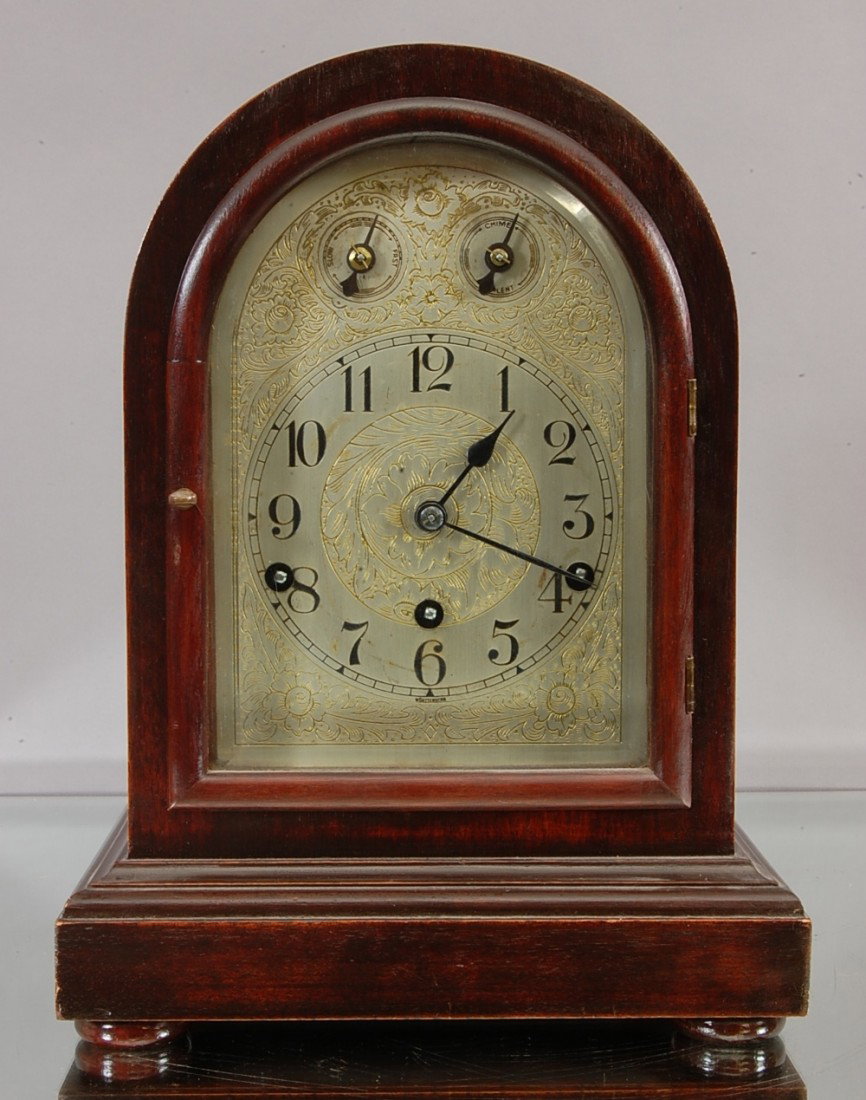 German Bracket Clock: Westminster Chimes. Mahogany Case. Württemberg Germany 10" w x 13" t. Ca. 1920