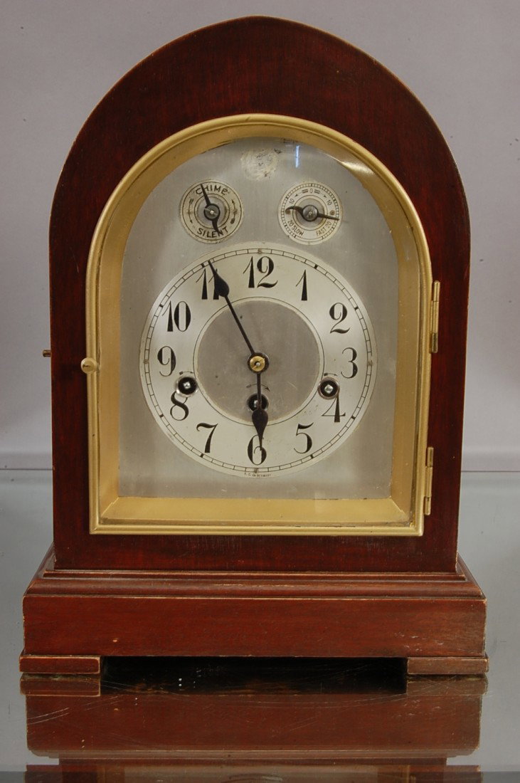 Junghans Bracket Clock: Mahogany case with Westminster Chimes. German 1920 11" w x 14" t