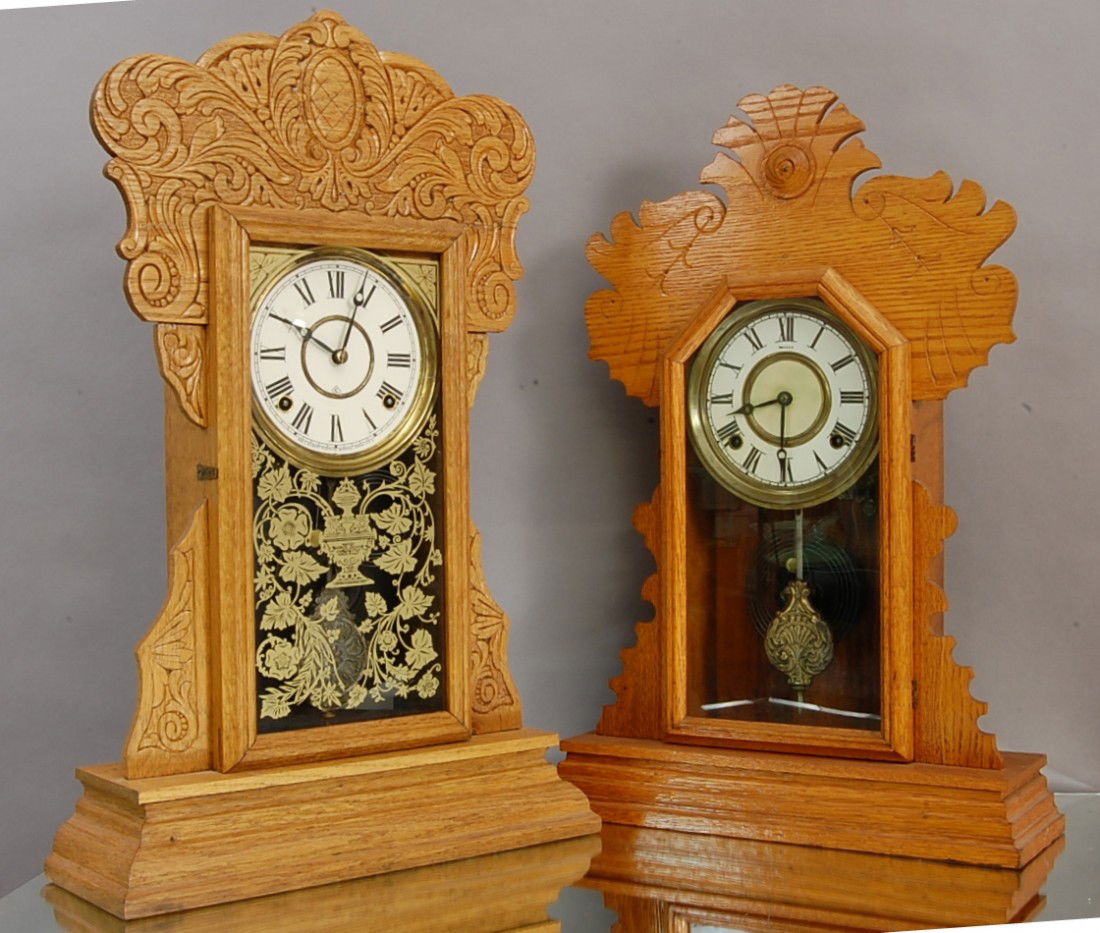 2 Oak Mantel Clocks: Gilbert 23" t Ingraham. 22" t. Time &I Strike Ca. 1900
