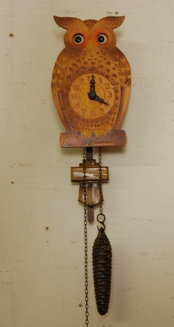West German Owl Clock: Moving eyes. 8" t. Ca. 1950