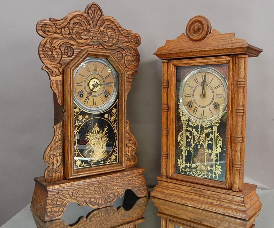 2 Session Oak Mantel Clocks: Time & Strike. 23" t &I 21" t Ca. 1900