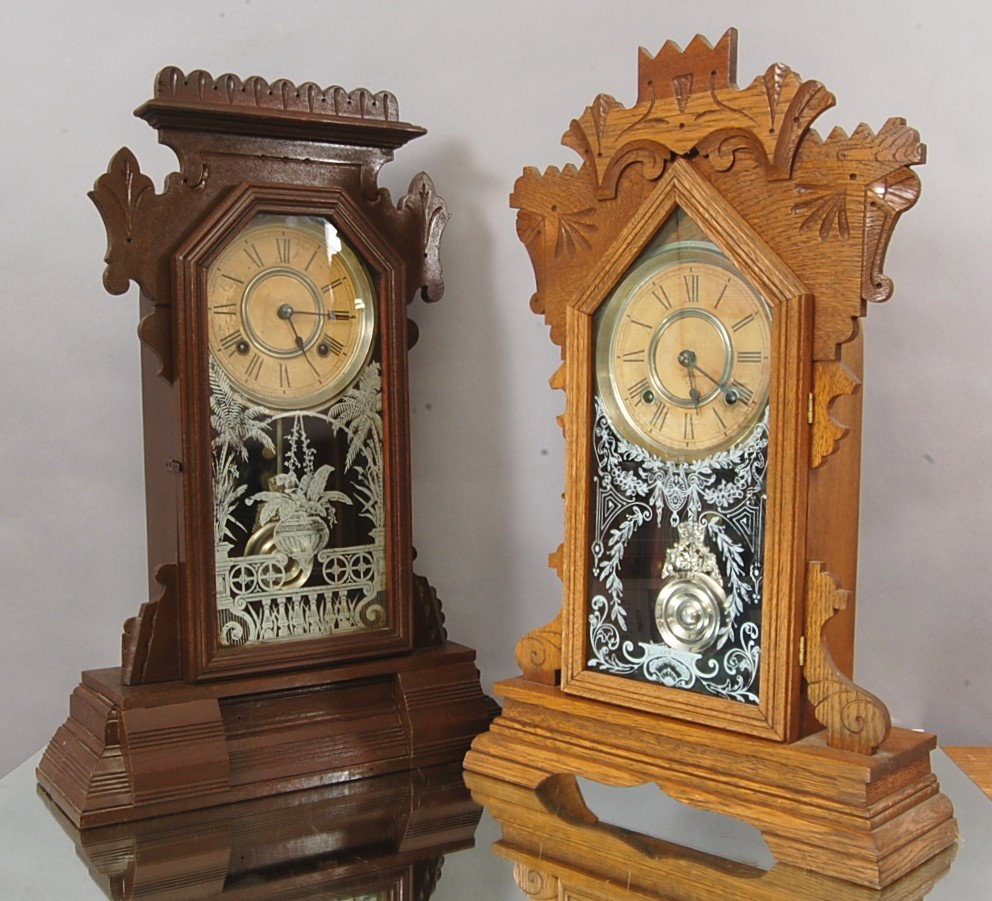 2 Ansonia Wood Mantel Clocks: Walnut 22" t, Oak 22" t Time & Strike