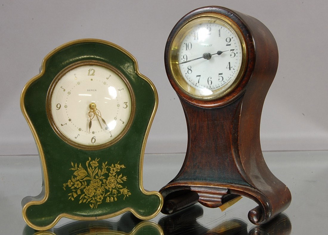 2 Novelty Clocks: 8 Day New Haven Walnut Case. 7" t; Semcor 7 Jewel Swiss. 6" t; Ca. 1910