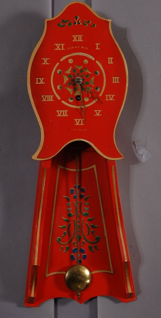 Gilbert 8 Day Decorated wood wall clock: Original label on back. Ca. 1930