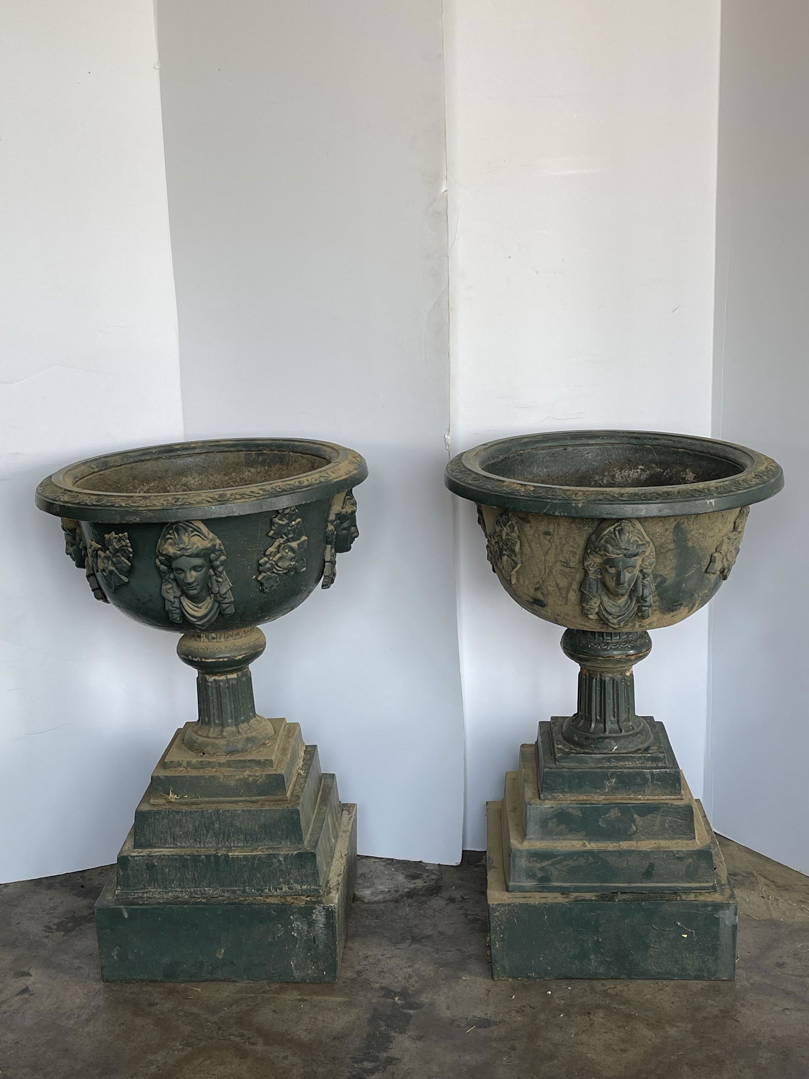 Pair of Cast Iron Neoclassical Garden Urns Has Depiction of a Female Face Perhaps Grecian Goddess (1 of 4)