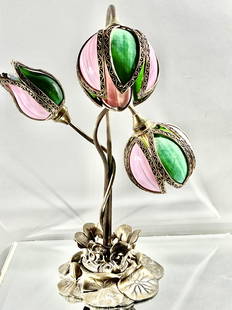 The Handel Lamp Company Water Lily 3 Light Table Lamp with Bronze Patina: Signed on base ca. 1920