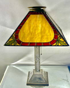 The Handel Lamp Company Parlor lamp with Overlay Floral Design Shade Metal base: Signed Handel on base. ca. 1920