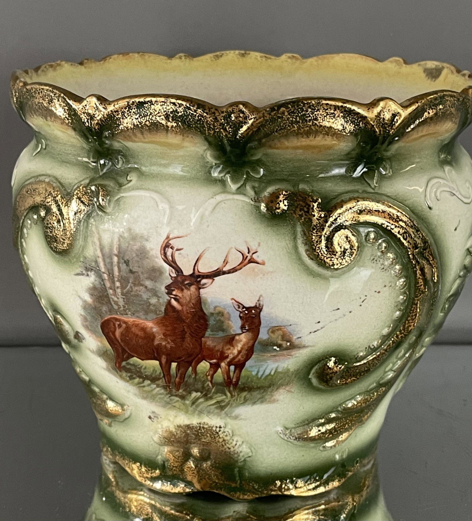 English Porcelain Jardiniere Hand Decorated with Bugling Elk on 2 sides (1 of 2)