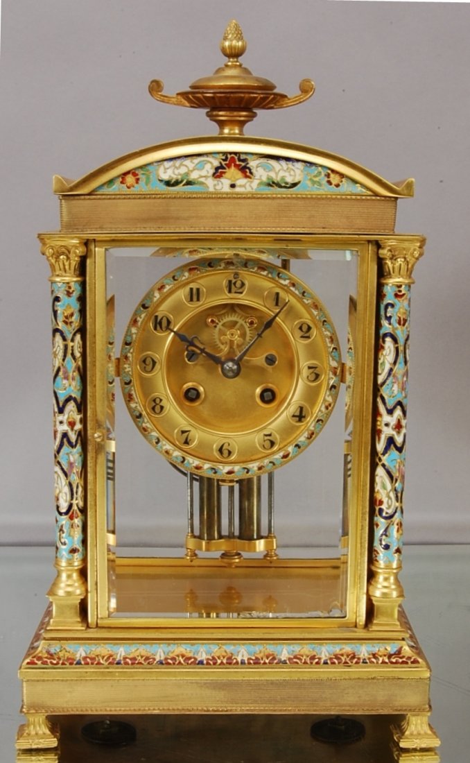 French Bronze Champleve Crystal Regulator mantel c: Urn Finial, excellent detail. Works signed Marti, France. 14" t x 8" w x 6"d Ca. 1890