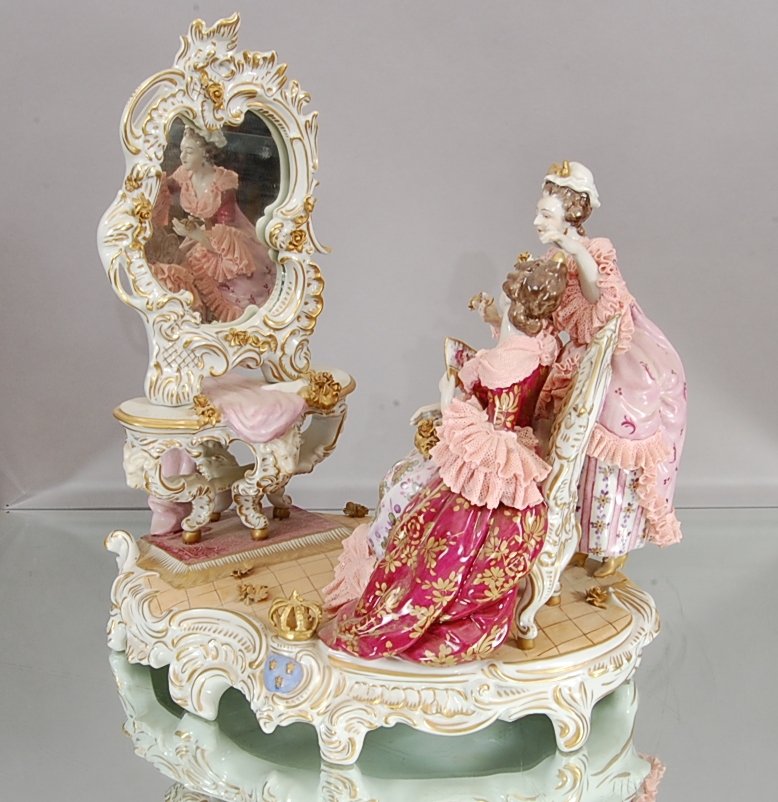 Dresden Center Piece of 2 Ladies & Victorian Vanit: 15" t x 15" w. Signed on base. Ca. 1920