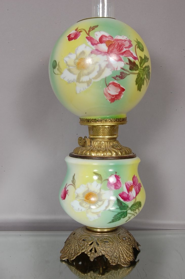 American Victorian Gone With The Wind Parlor Lamp: With matching hand painted Base & Shade. Electrified. 24"t Ca. 1890