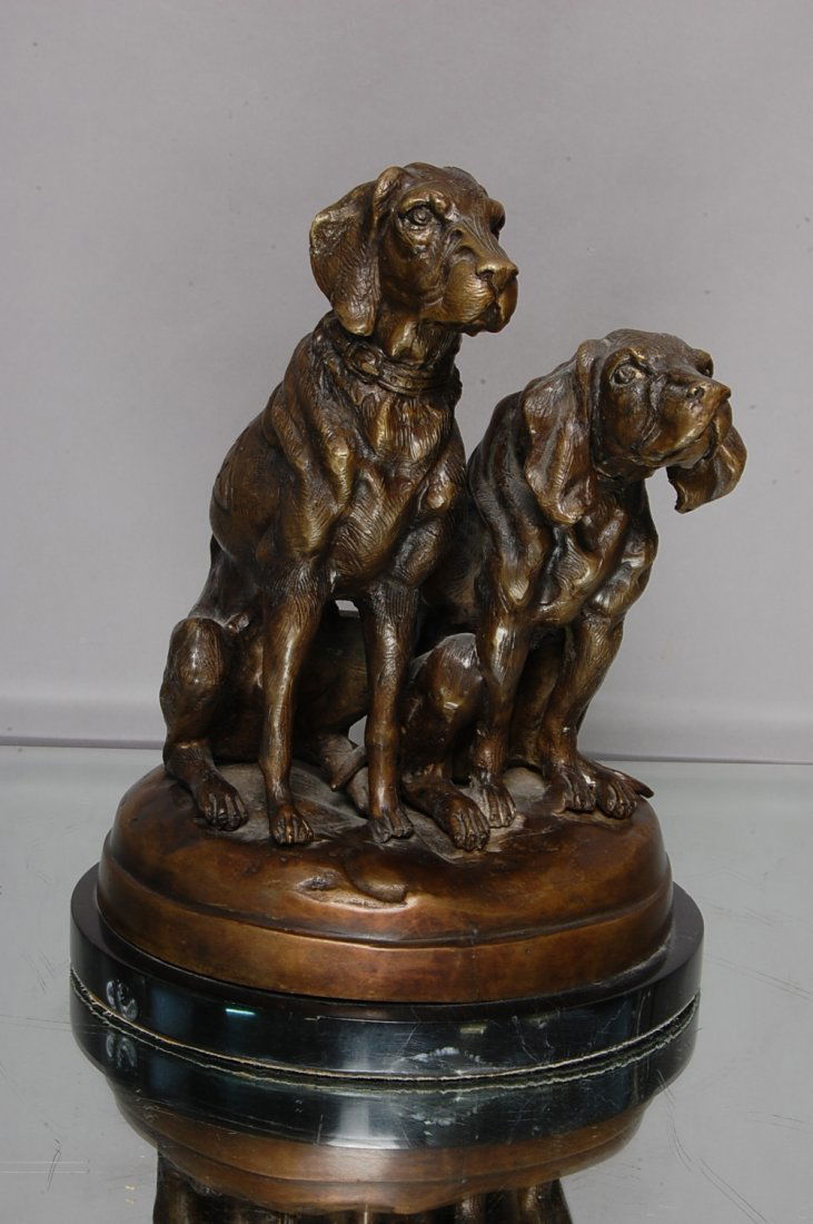 Bronze Statue of 2 Hunting Dogs: Mounted on Marble Base. 11" t x 9" d. Ca. 1970