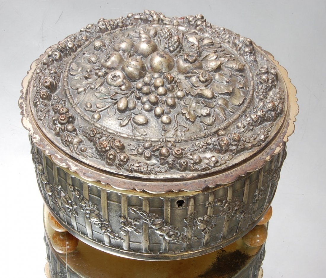 French Louis XIV style Reposse Silver Plate Dresse: Floral Decorated top & sides. 7" d x 4" t Ca. 1890